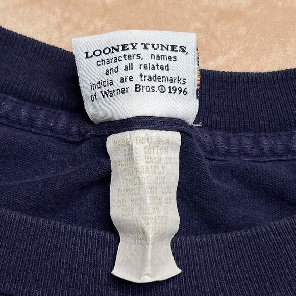 Vintage 90s Looney Tunes Bugs Bunny Plaid Spell Out Long Sleeve Shirt Navy Retro - Picture 5 of 9